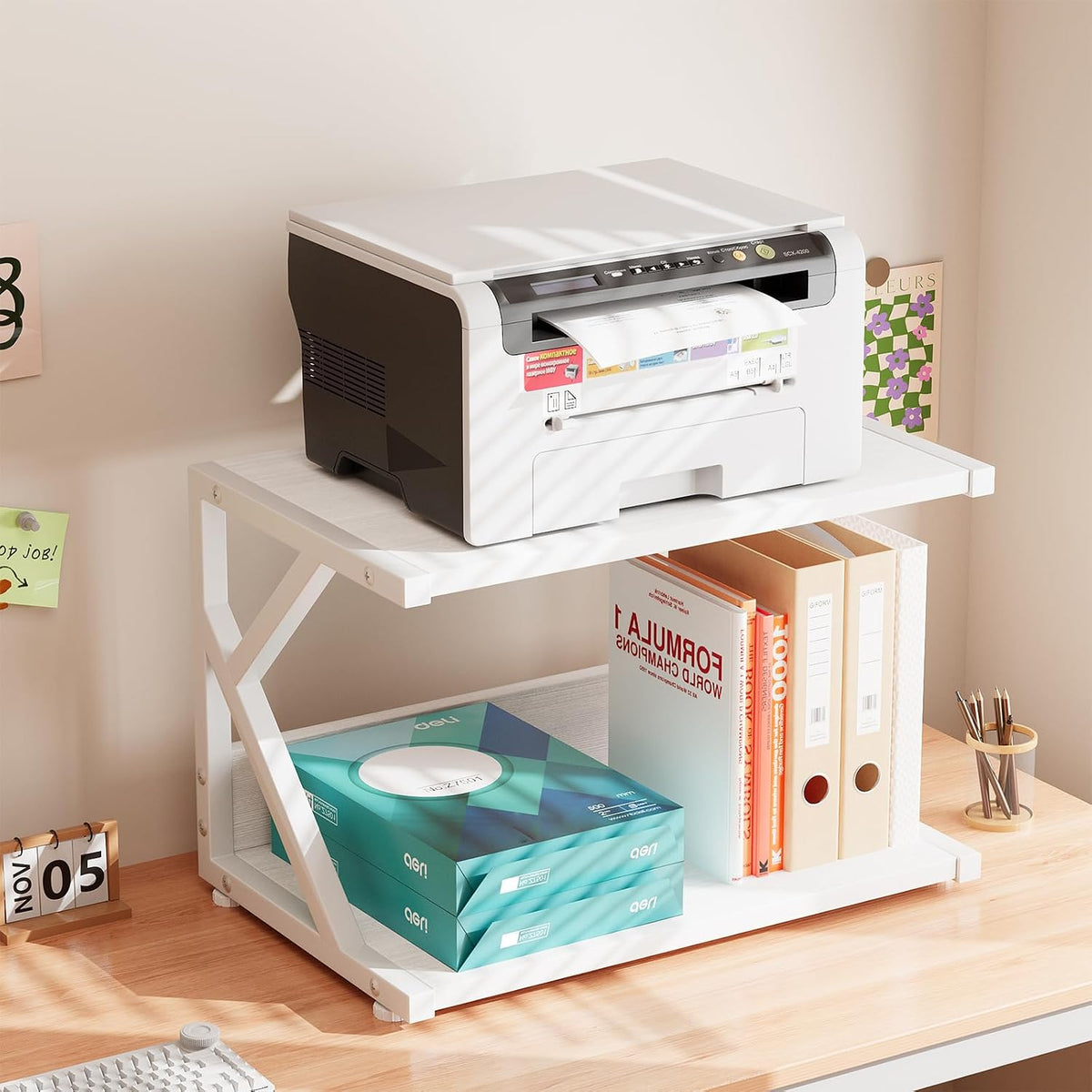 aboxoo Desktop Printer Stand with 2 Tier Wood Storage Shelves,Under Desk Prin...
