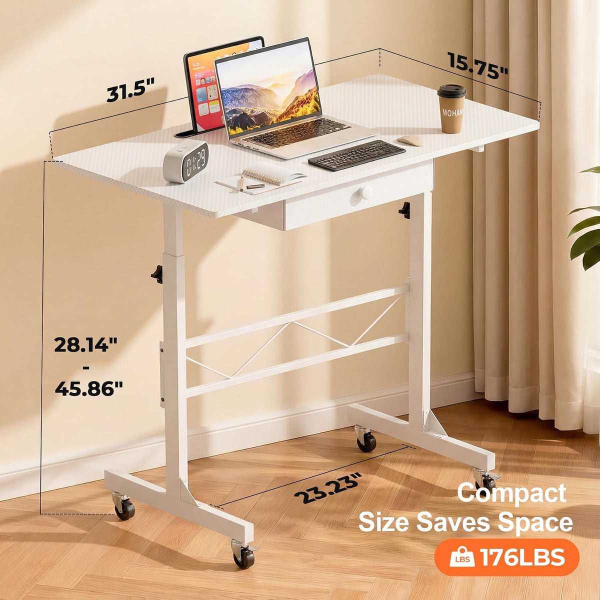 COMHOMA Small Standing Desk with Storage Drawer, Mobile Height Adjustable Rol...