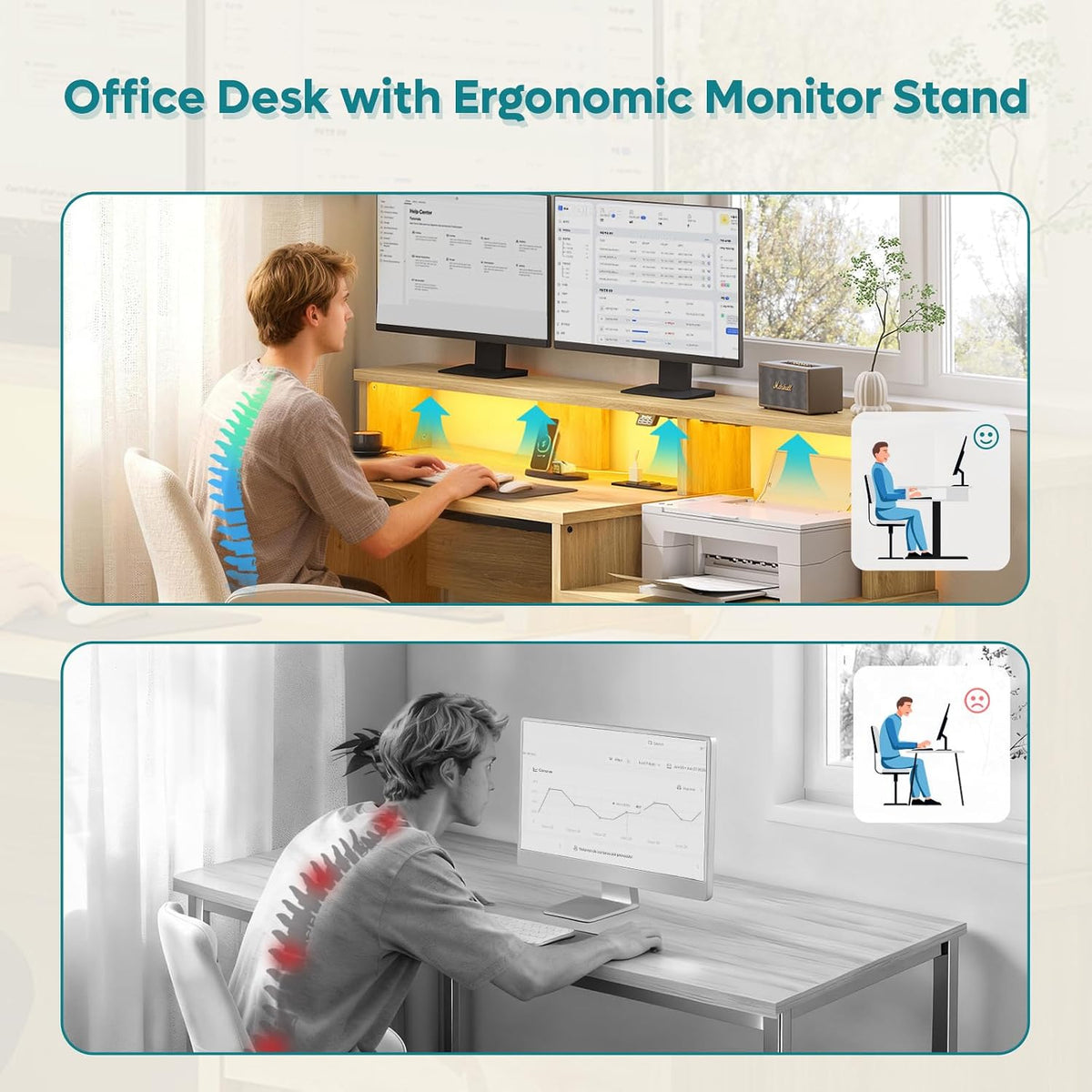 Bestier 55-Inch Computer Desk with Power Outlets & LED Lights, Natural Oak