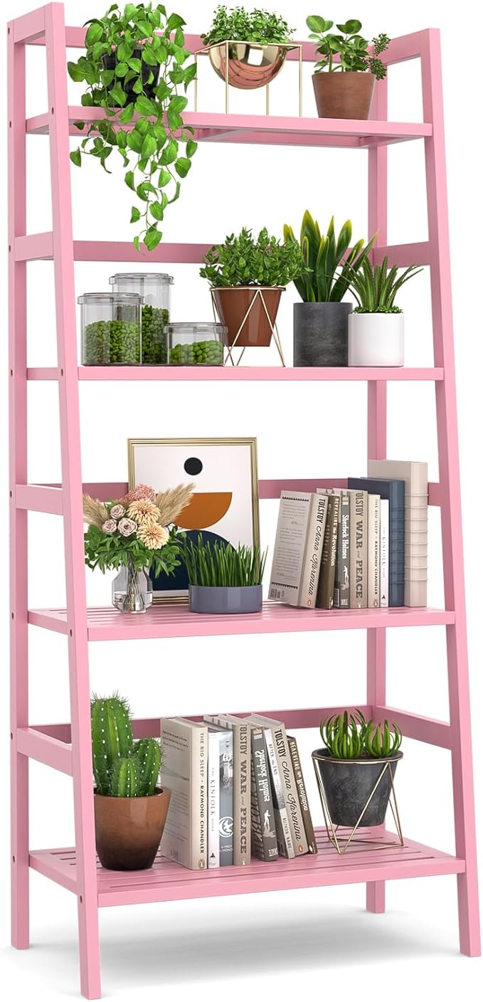Homykic Bamboo Ladder Bookshelf, 4-Tier Ladder Shelf Open Book Shelf by Homykic