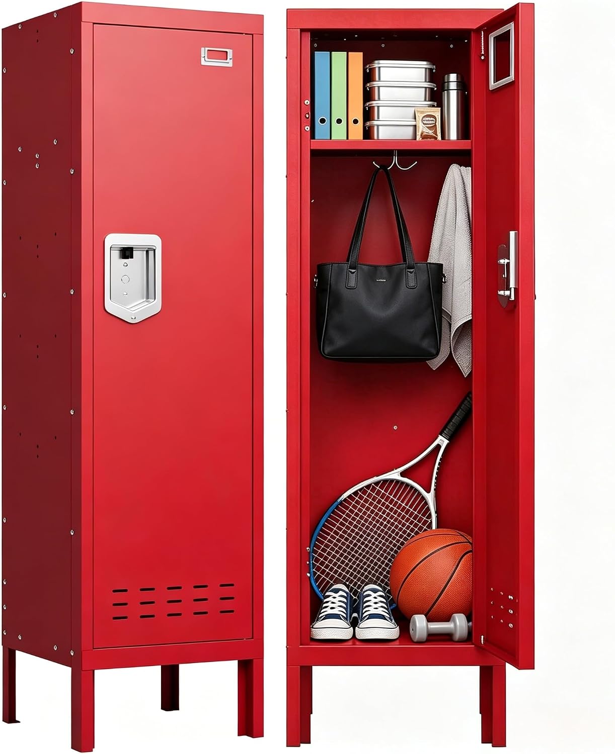 KAER Red Locker 54" H Metal Storage Locker Lockable Kid Sport Locker Employees Steel Locker with Door Shelf Mirror & Hooks for Home School Gym Office