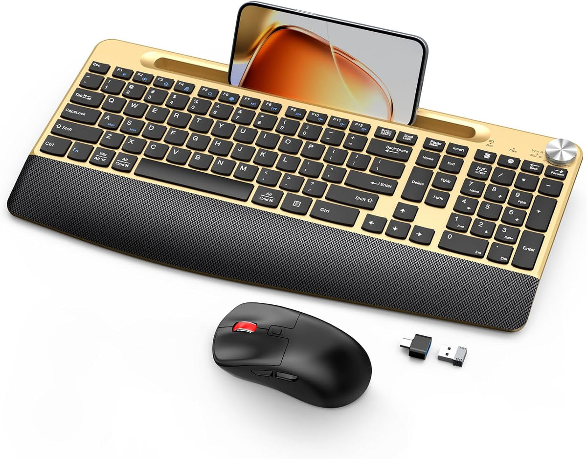 GAMCATZ Ergonomic Wireless Keyboard and Mouse with Wrist Rest，Phone Holder - ...