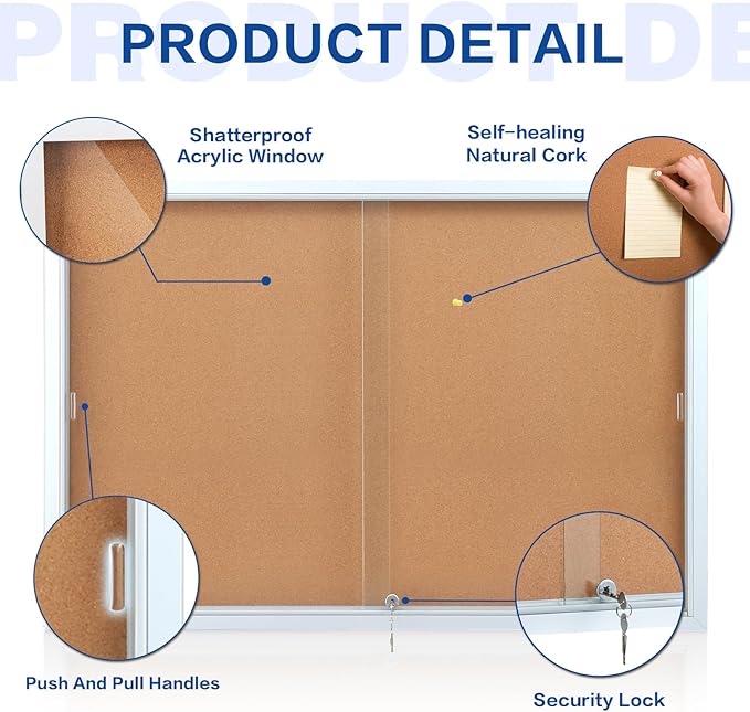SWANCROWN Glass Enclosed Bulletin Board 48"x32", Locking Cork Board - Image 3