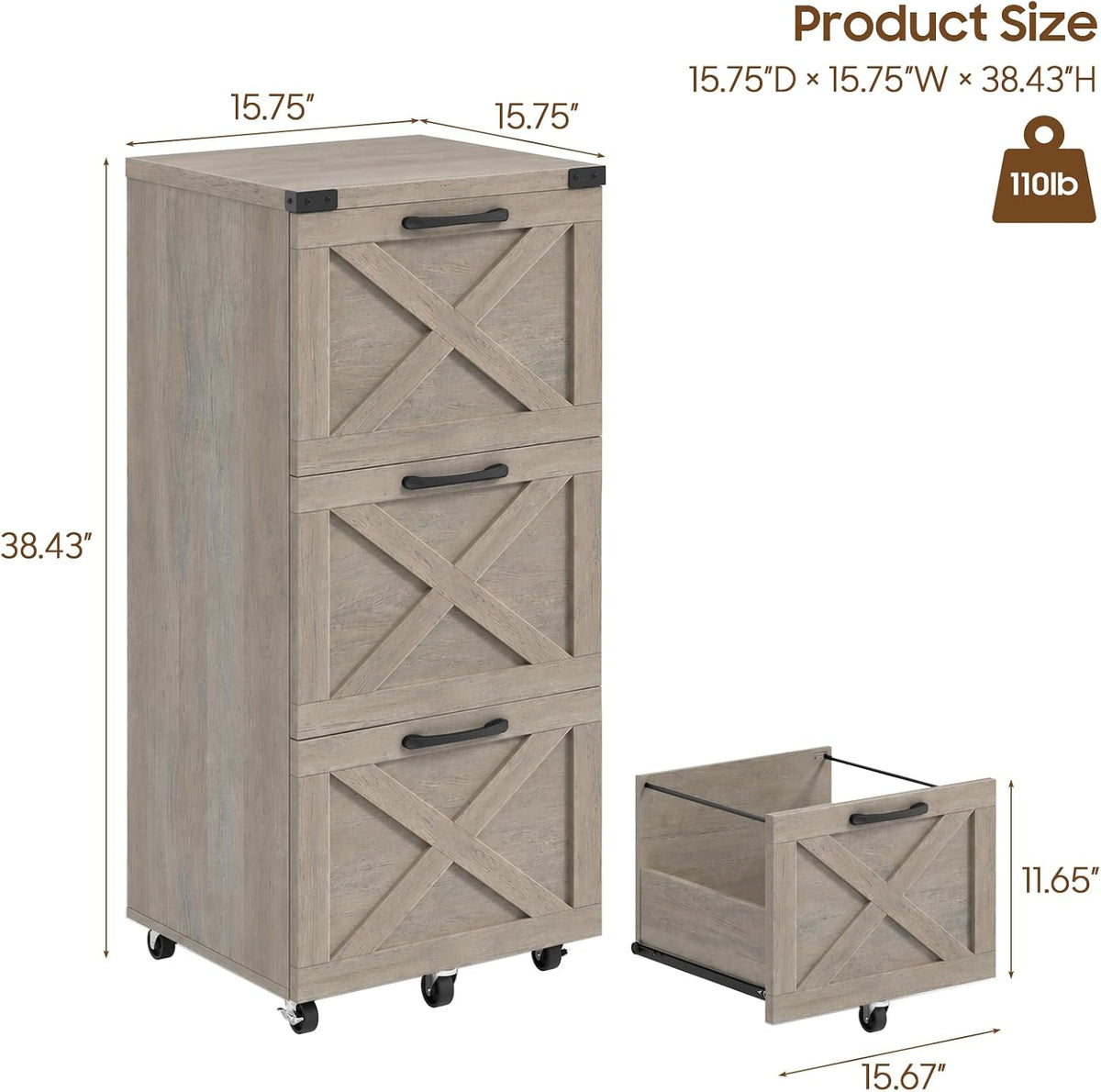 3 drawers tall farmhouse file cabinet with wheels, close-up detail
