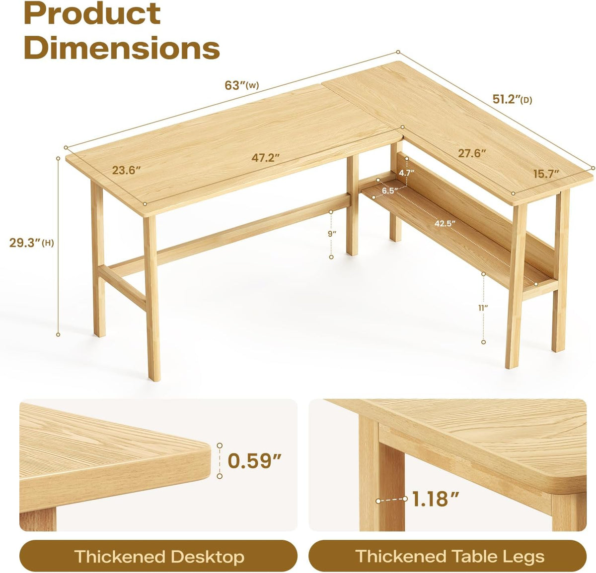 NELYE 63" Reversible L Shaped Desk with Shelf for Home Office, Oak