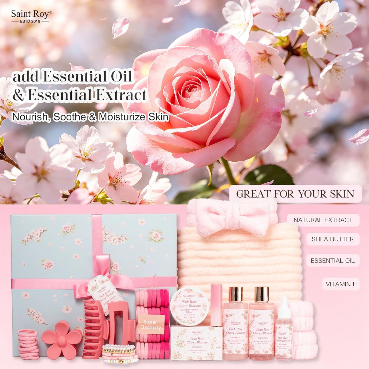 57 Pcs Bath Spa Kit for Women, Rose Bath and Body Gift, Facial Skin