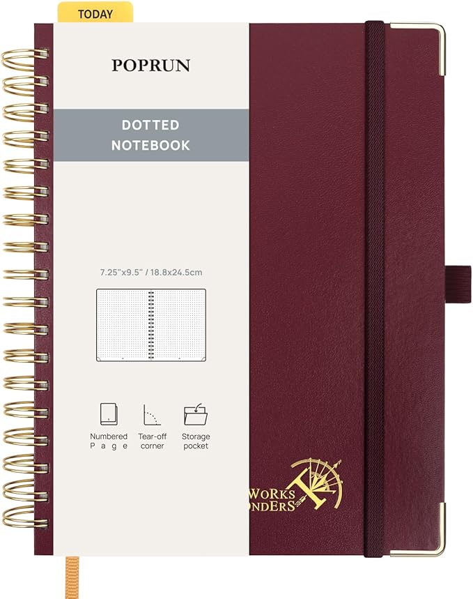 POPRUN Spiral Bullet Dotted Journal Notebook, 7-1/4" x 9-1/2" by POPRUN