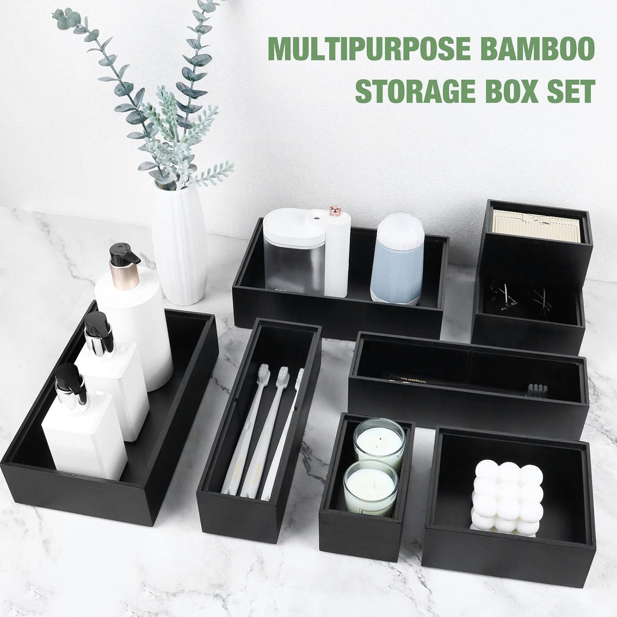 Bamboo Drawer Organizer Set, 8 PCS Black Multi-Use Drawer Storage Boxes, Junk...