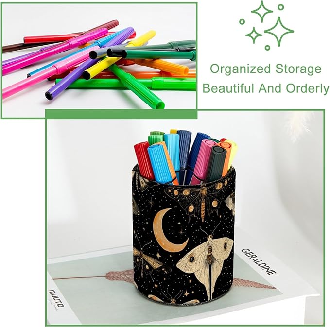 Leather Pen Holder for Desk, Butterflies Moth Moon Pencil Cup Desktop Organizer - Image 3
