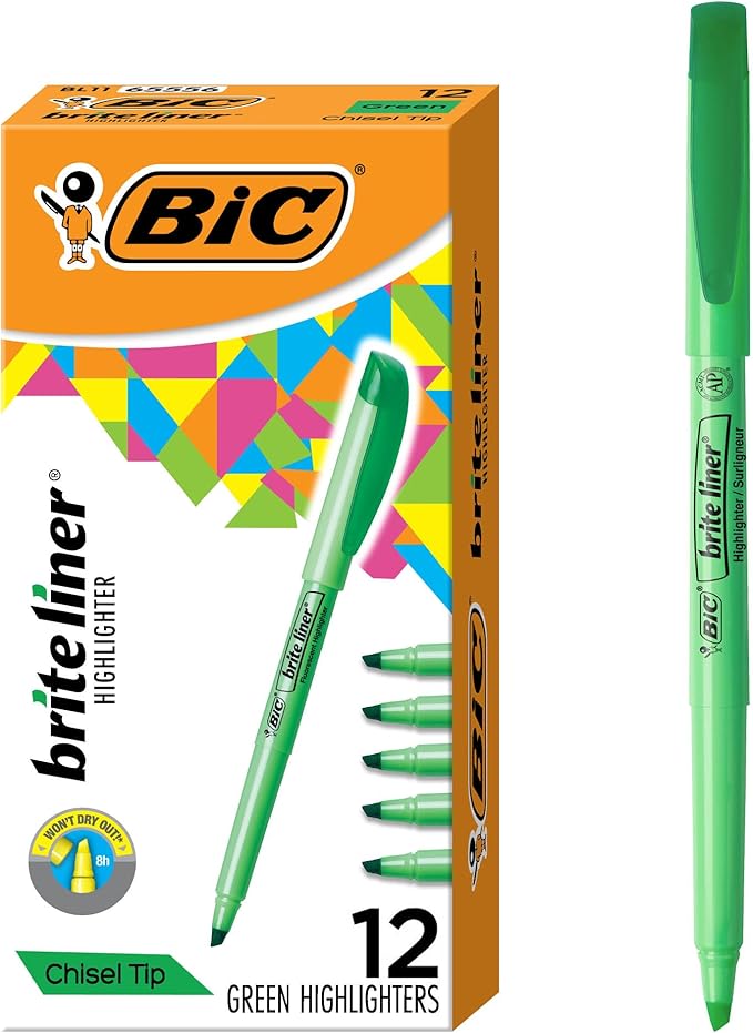 BIC Brite Liner Highlighters, Chisel Tip, 12-Count Pack of Green Highlighters by BIC