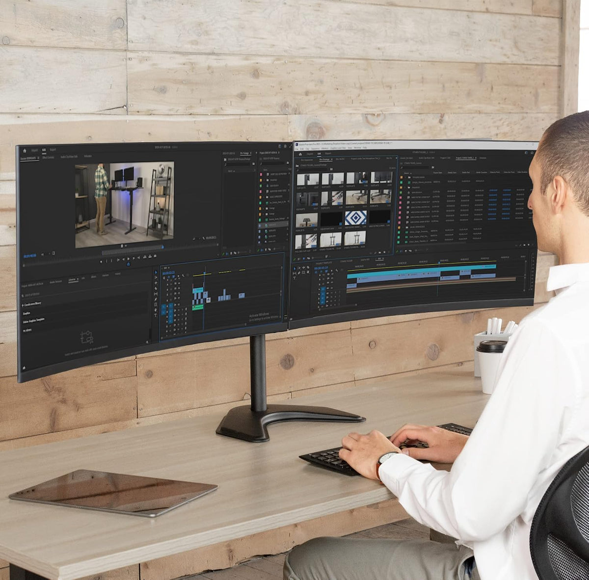 vivo dual led lcd monitor mount, free-standing desk shown in use