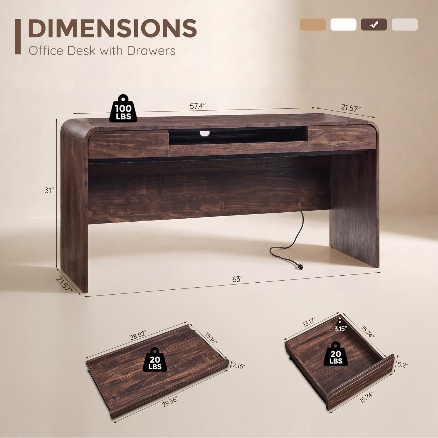 63" Modern Computer Desk with 2 Drawers, Wood Curved (Brown) | Executive Desk with Keyboard Tray & Power Outlet, Writing Desks with Storage for Home Office, Study Room, Living Room