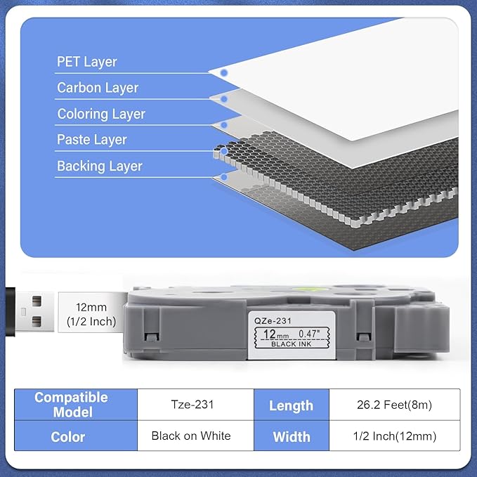6pack 12mm 0.47'' TZe TZ Tape Laminated White Label Maker Tape Replacement - Image 3