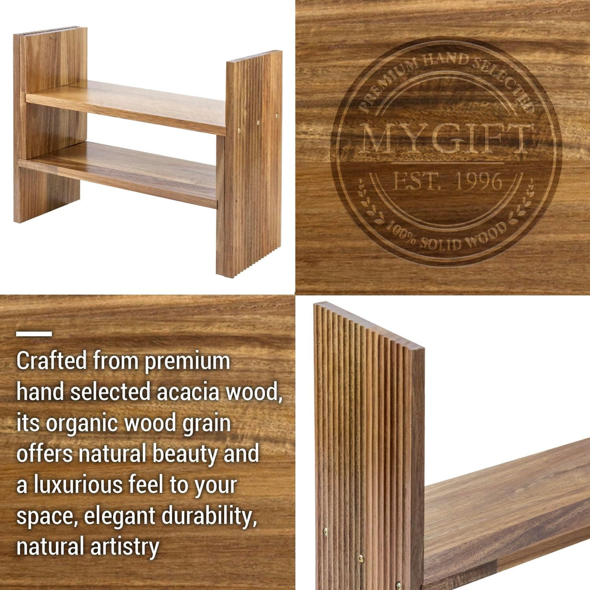 MyGift Premium Acacia Solid Wood Adjustable Desktop Book Shelf with Fluted Si...