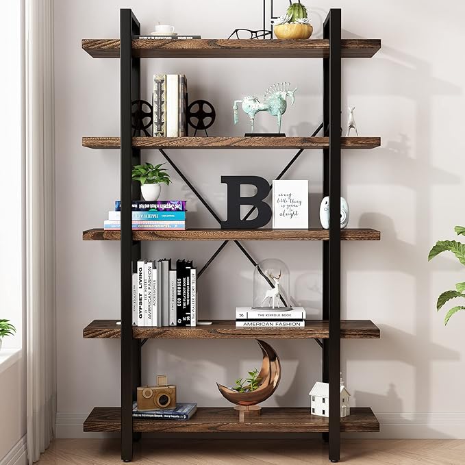 5-Tier Industrial Style Solid Wood Bookcase and Book Shelves, Rustic Wood and - Image 5