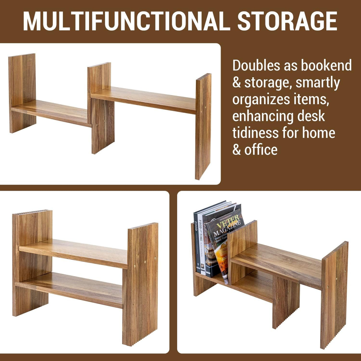 MyGift Premium Acacia Solid Wood Adjustable Desktop Book Shelf with Fluted Si...