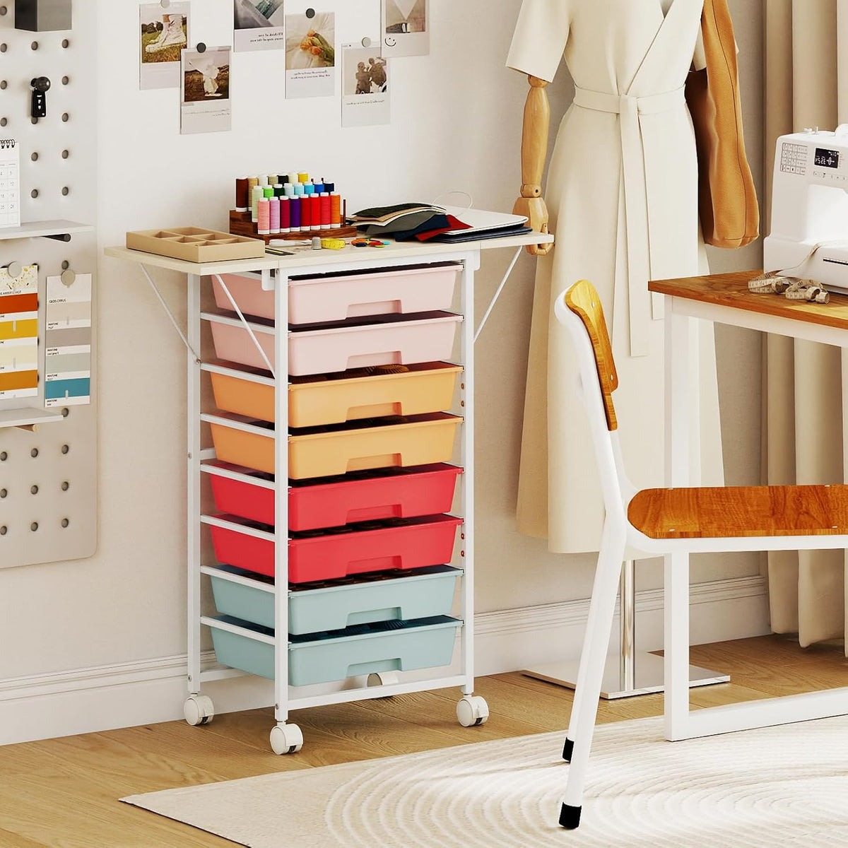 GOFLAME 8-Drawer Rolling Storage Cart with Foldable Wooden Top