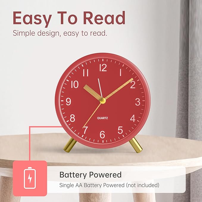 Analog Alarm Clock, 4 inch Super Silent Non Ticking Small Clock - Image 3