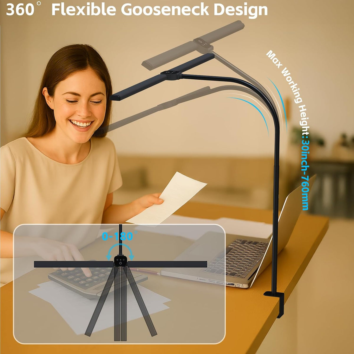 LED Desk Lamp for Home Office, Eye Caring Architect Desk Light with Clamp,50 ...