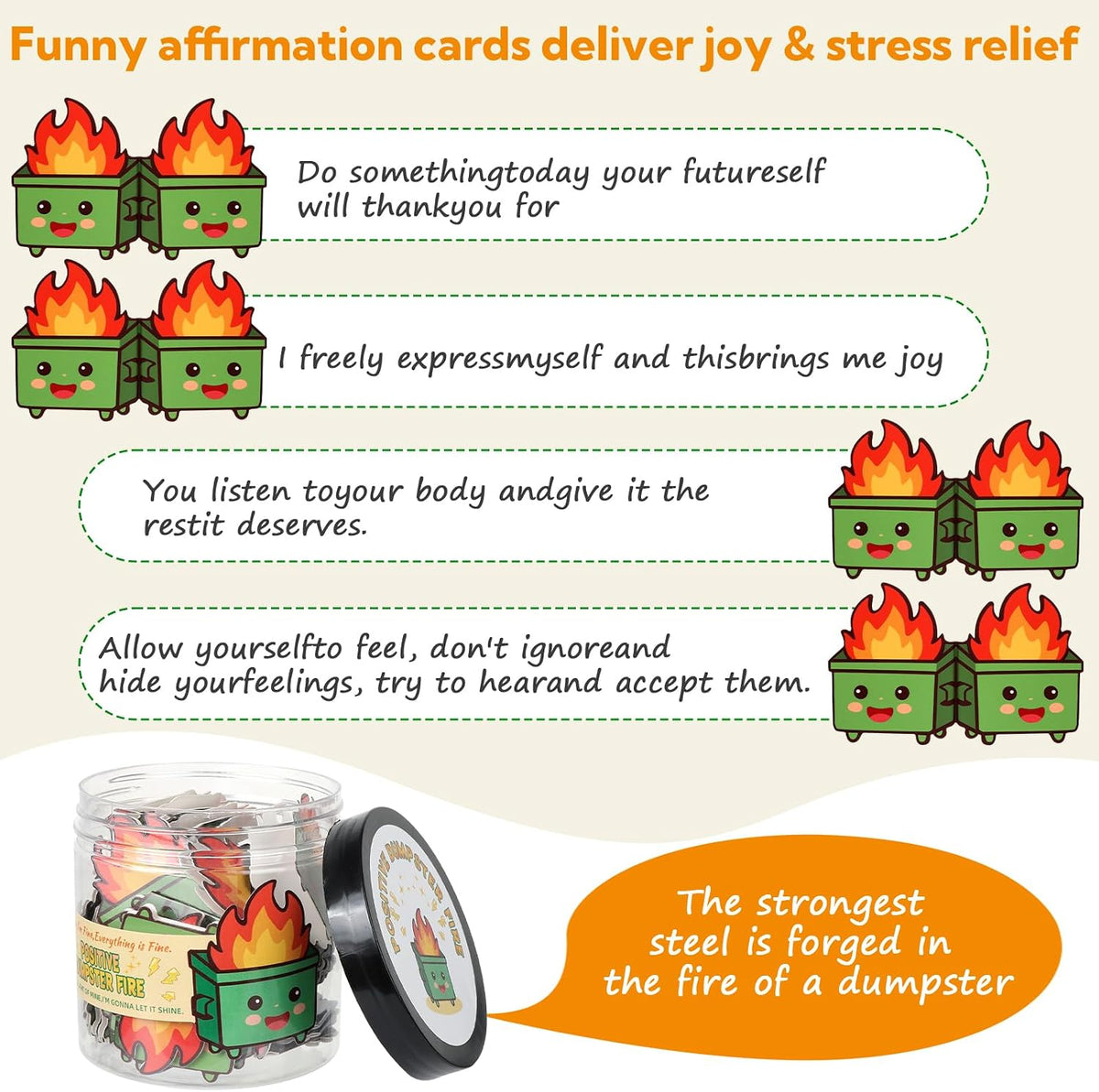 12 Pack Dumpster Fire Cards Jar with NFC Bracelet - 60 Positive Affirmation C...
