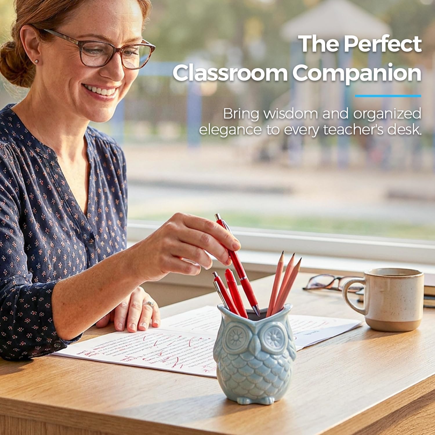 ComSaf Owl Pen Holder, Ceramic Pencil Cup for Office Desk, Teacher Gift | Cute Owl Desk Decor, Teacher Accessories, Classroom Organizer, School Supplies, College Dorm, Small Planter, Graduation Gift