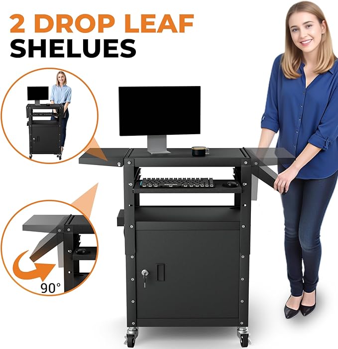Mobile AV Cart with Pullout Keyboard Tray, Rolling Computer Cart Height - Image 4