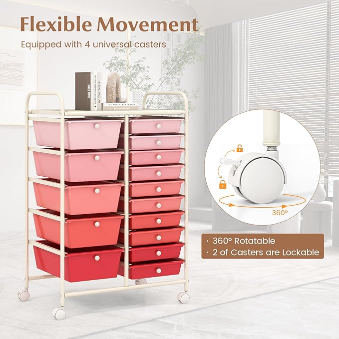 COSTWAY 15 Drawers Storage Cart, Mobile Tools Scrapbook Paper Organizer Cart - Image 5