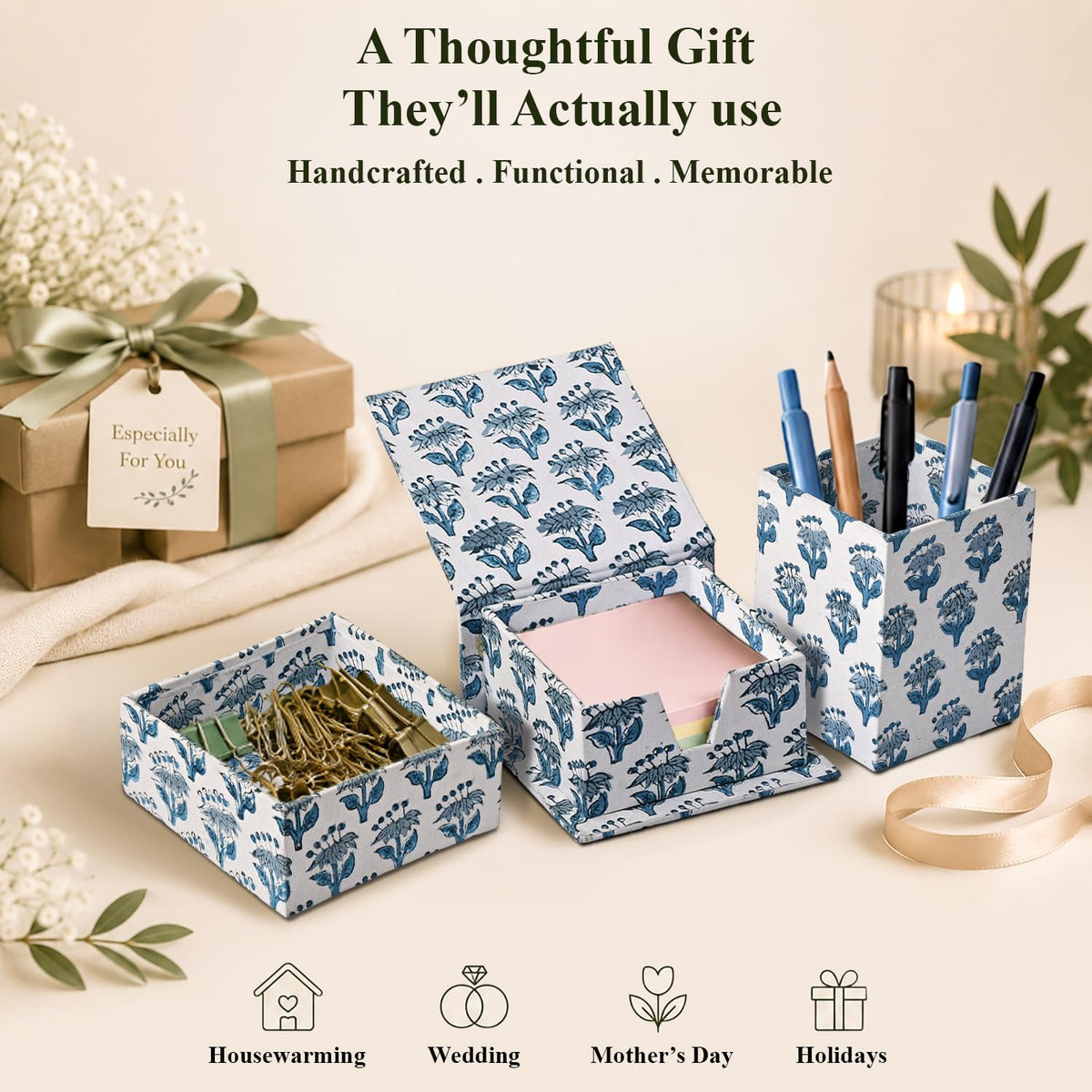 CPC Apatite Blue Block Print Set of 3 Desk Organizer