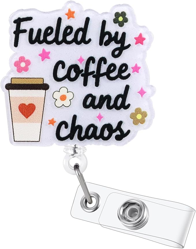 Fueled by Coffee and Chaos Funny Badge Reel | Retractable ID Card Badge Holder by BVIIE