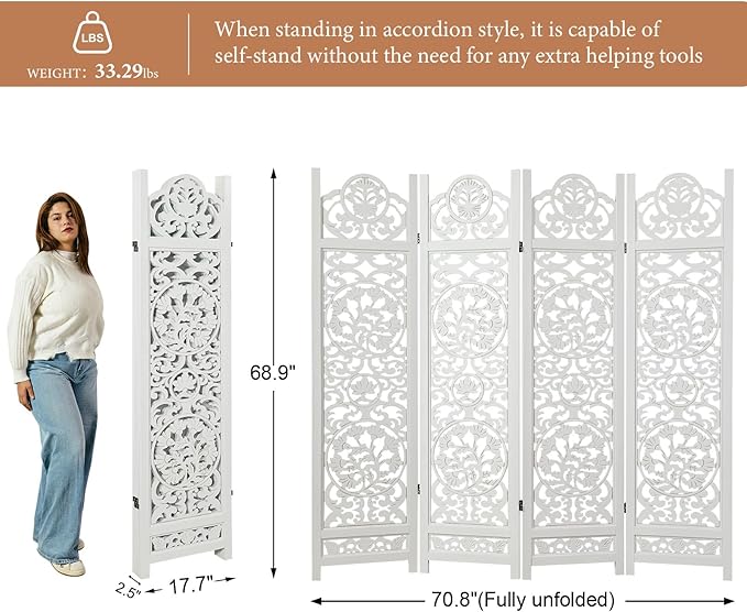 5.75Ft Room Divider Wood Screen, 33Lbs Durable MDF Carved Rustic Style Headboard - Image 6
