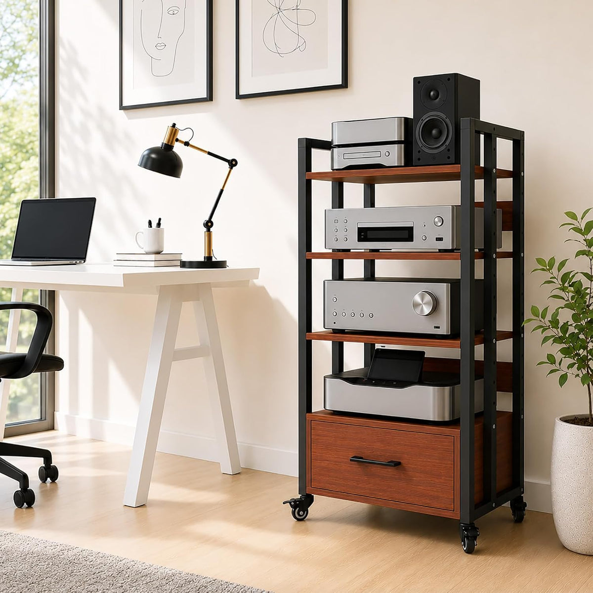 4-Tier Audio Rack with Wheels, AV Media Stand
