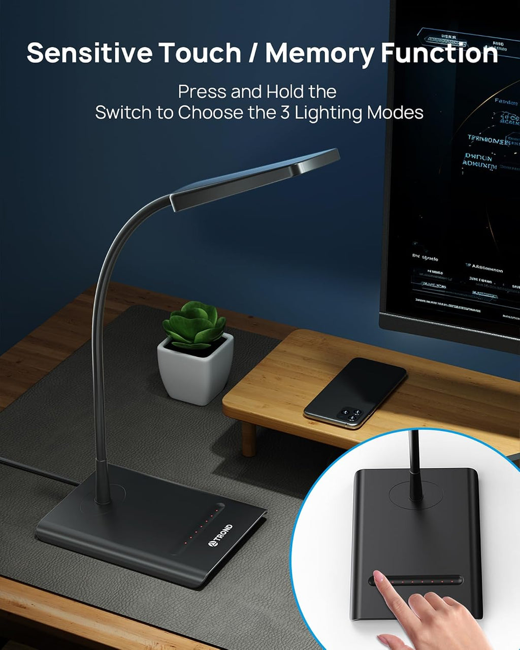 trond desk lamp, dimmable eye-caring table lamp, memory on a desk or shelf