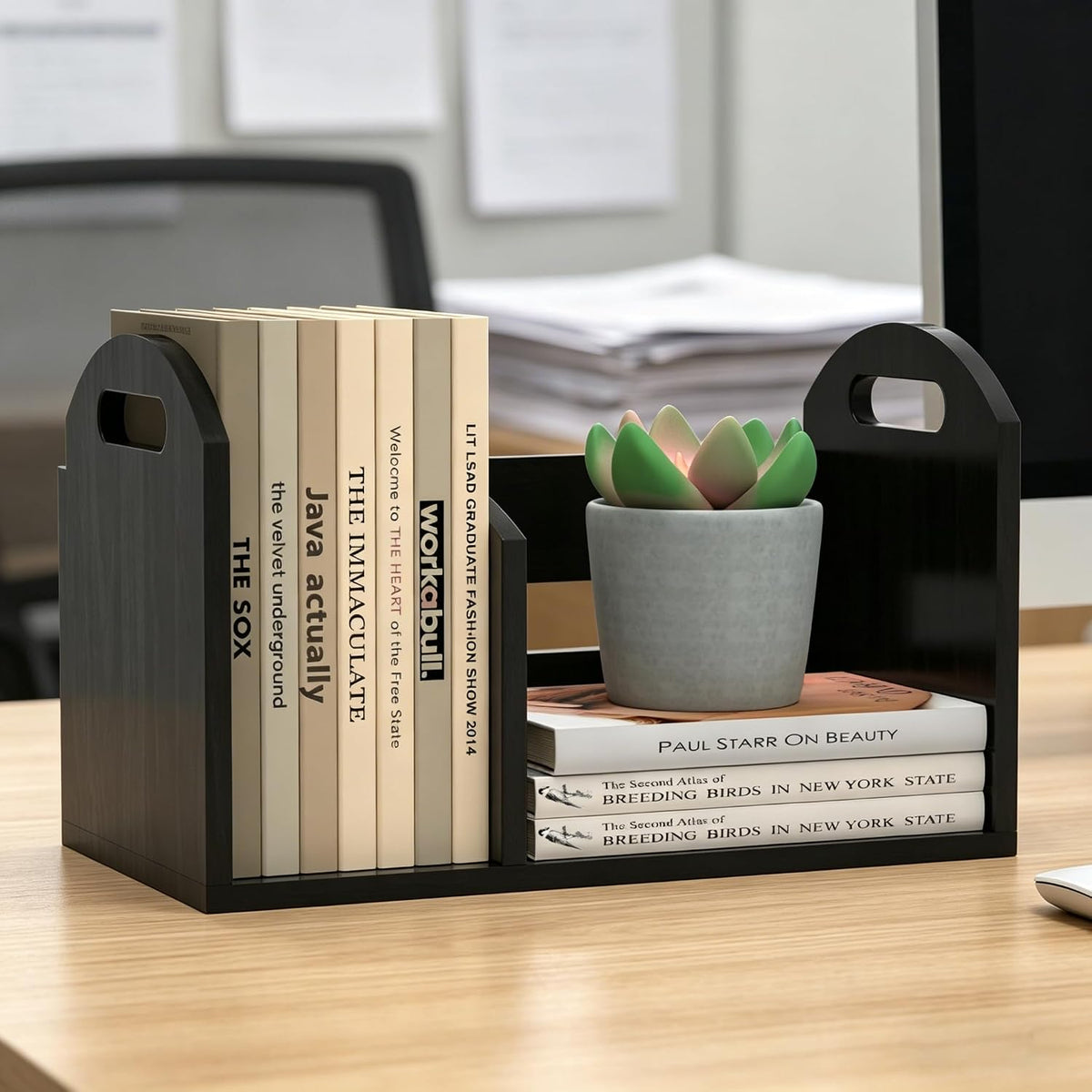 Wood Desktop Bookshelf, Upright Tabletop Book Shelf With Adjustable Divider S...
