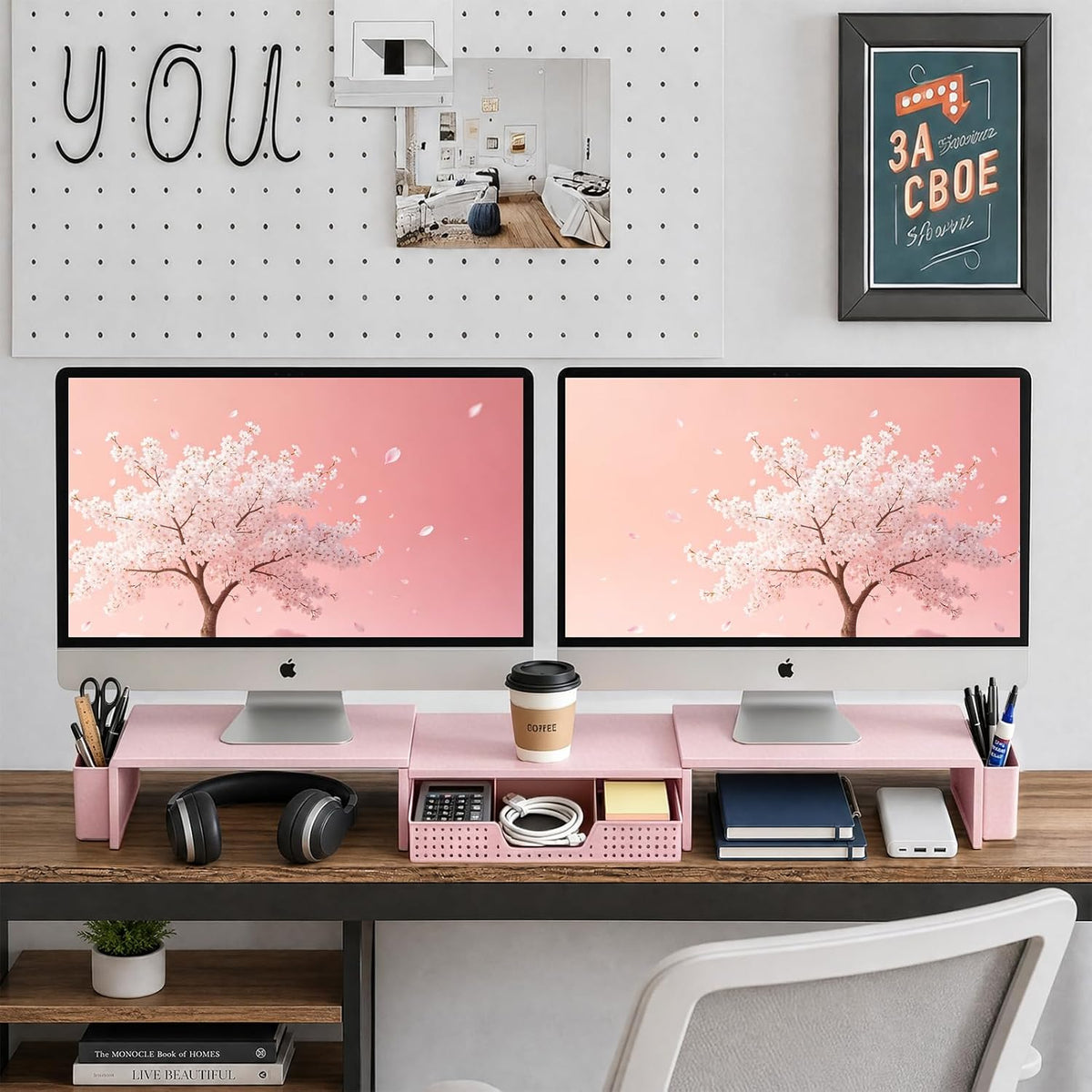 leketree dual monitor stand riser with drawer and, close-up detail