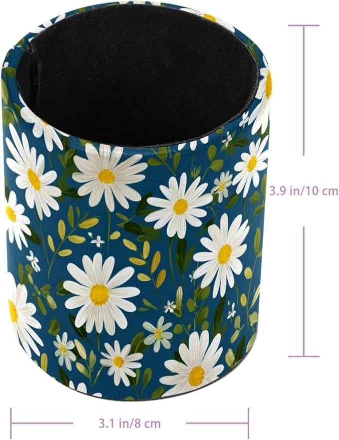 Leather Pen Holder for Desk Small Daisies Leaf Pencil Cup Desktop Organizer - Image 3