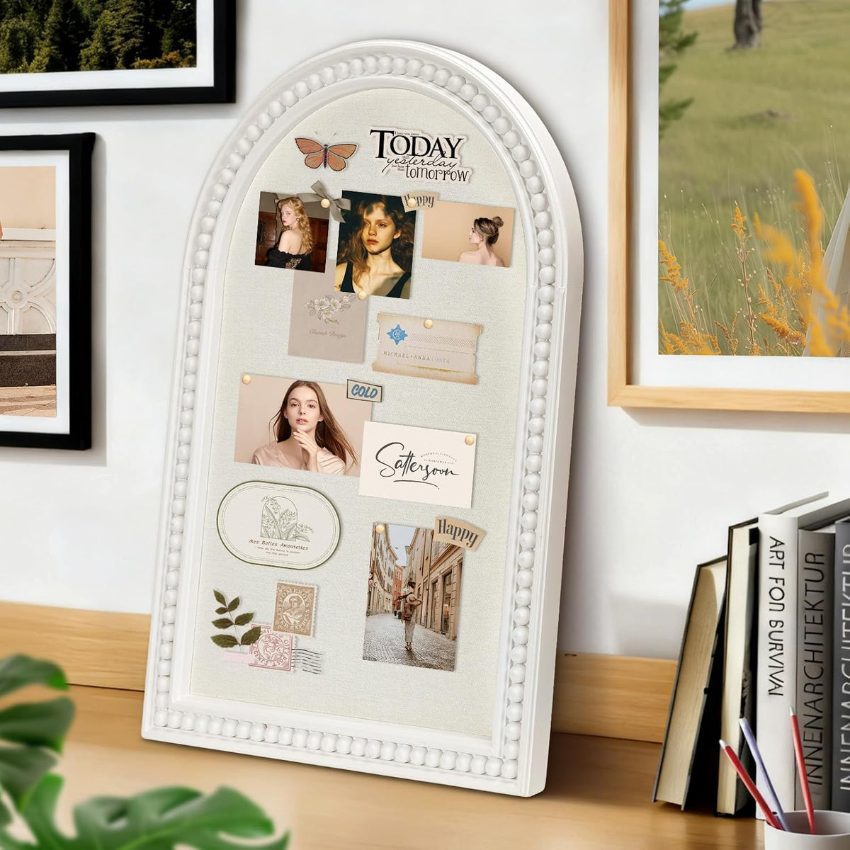 16" x 24" Linen Bulletin Board, Arched White Wood Frame with Beaded...