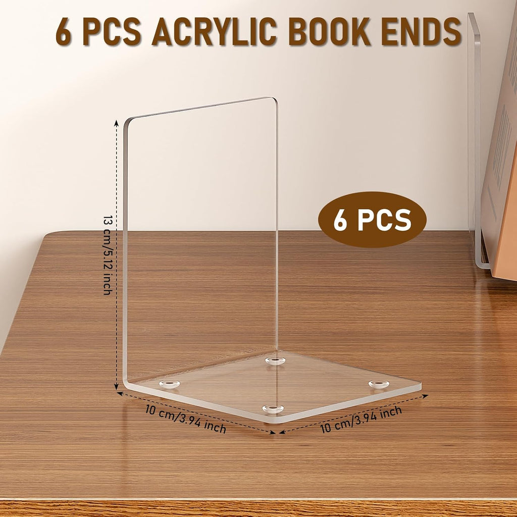VFINE Acrylic Bookends 6 Pieces, Clear Book Ends for Shelves, Book Holders for Shelves, Transparent Book Dividers for Shelves, Stylish Book Stopper Organizer for Home Office Desktop Supplies