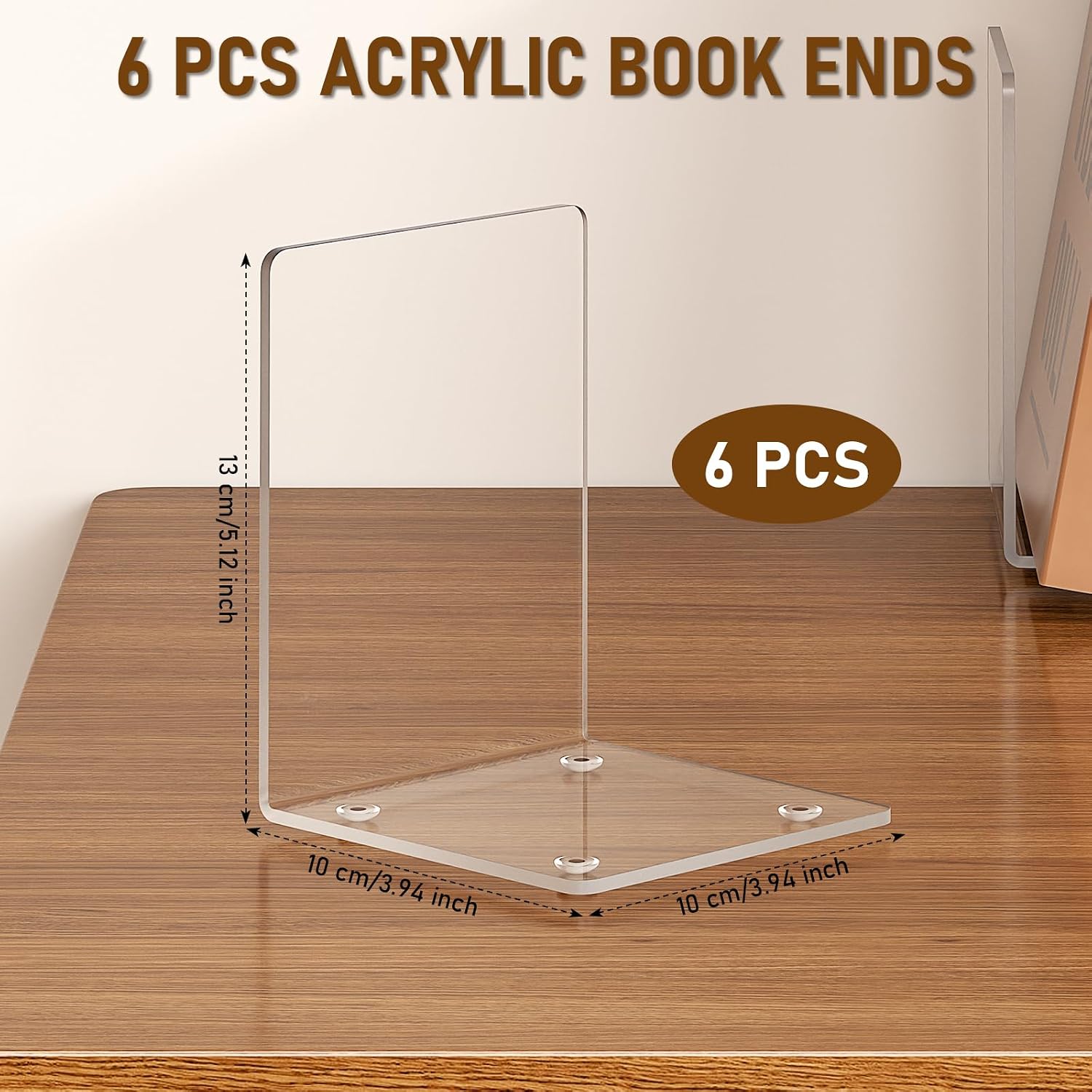 VFINE Acrylic Bookends 6 Pieces, Clear Book Ends for Shelves, Book Holders for Shelves, Transparent Book Dividers for Shelves, Stylish Book Stopper Organizer for Home Office Desktop Supplies