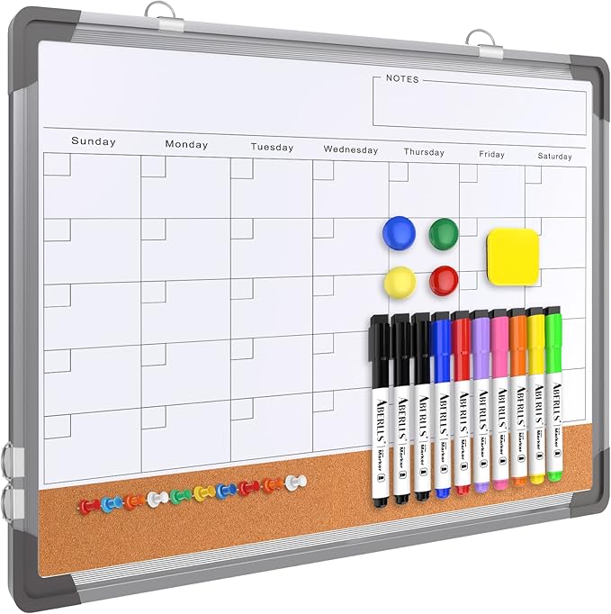 Monthly Calendar Whiteboard Dry Erase Cork Board Combination by ABERLLS