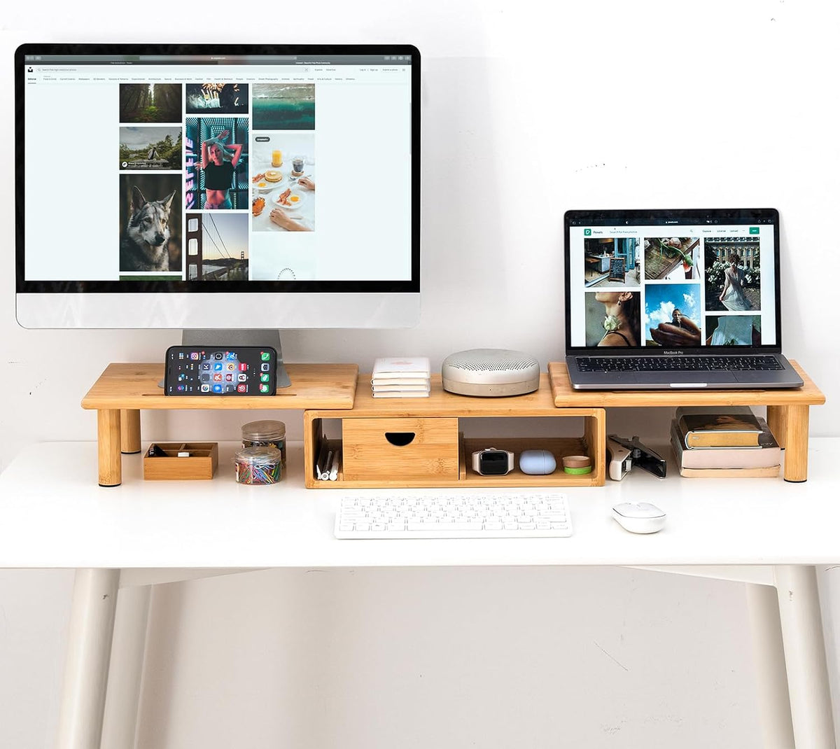 dual monitor stand riser with drawer for desk, view 9
