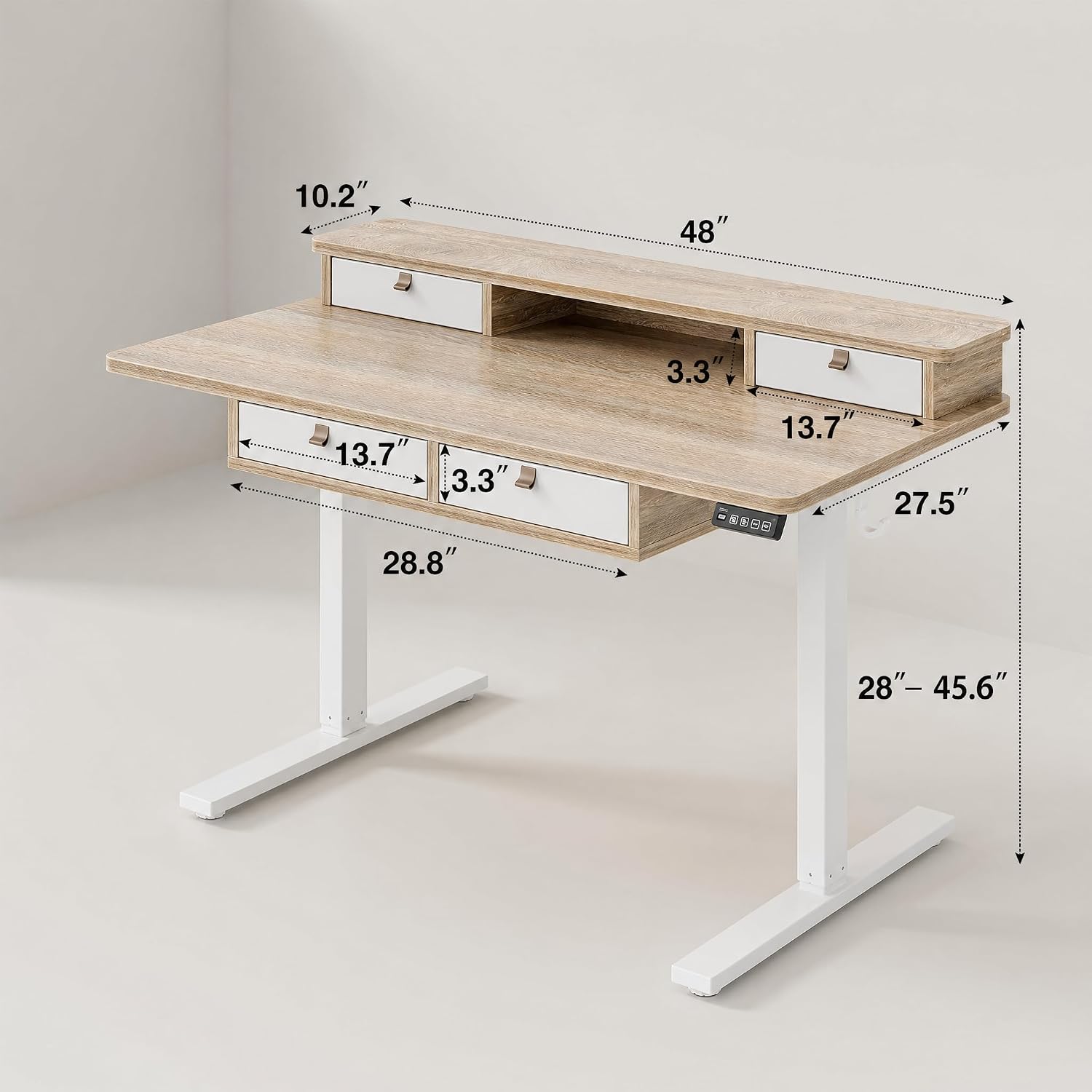 Grandder Electric Standing Desk with Four Drawers, Sit to Stand Up Height Adjustable Desk with Storage Shelf for Home Office, 47 * 28 Inch, Study, Ergonomic Adjustable Computer Desk, Maple