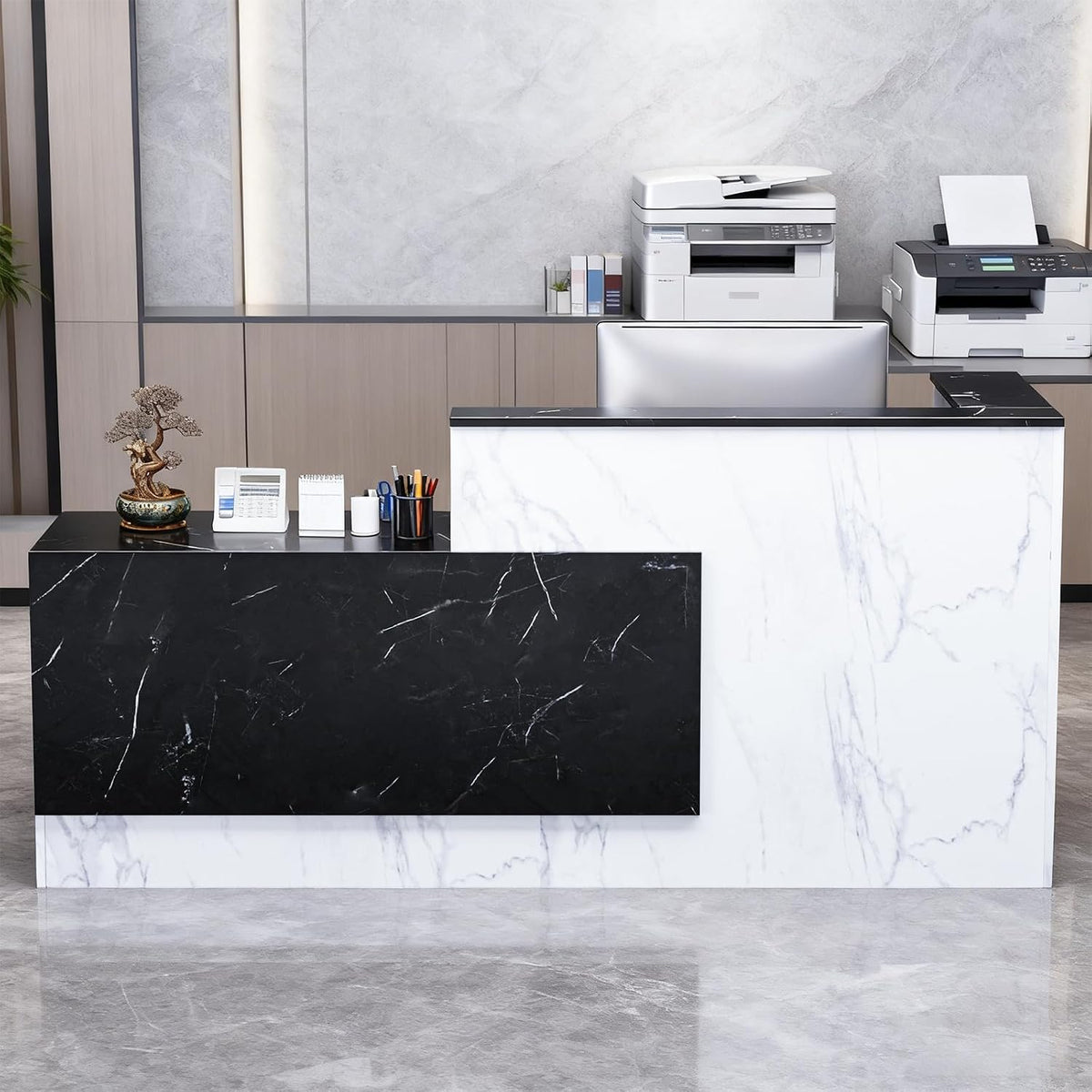 L-Shaped Large Wooden Reception Desk, Modern Front Desk Reception Counter wit...
