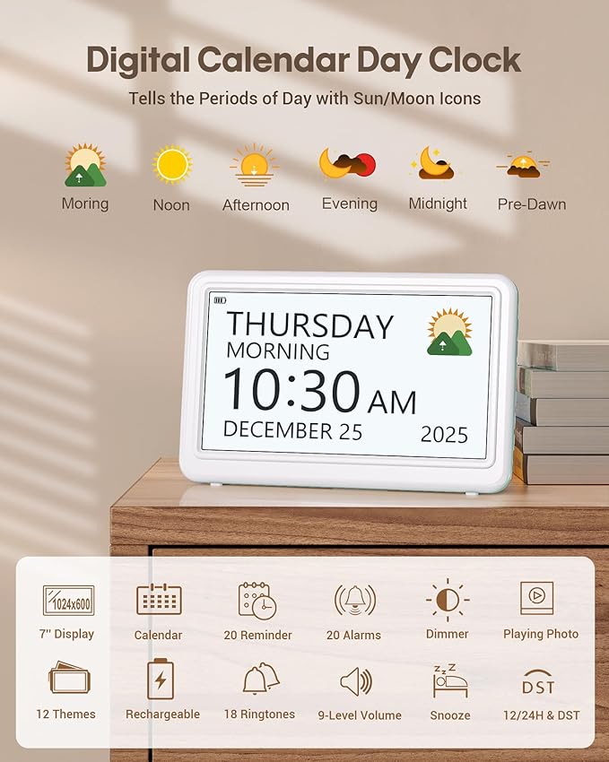 Digital Clock with Date and Day of Week, Dementia Clocks Battery Operated Alarm - Image 3