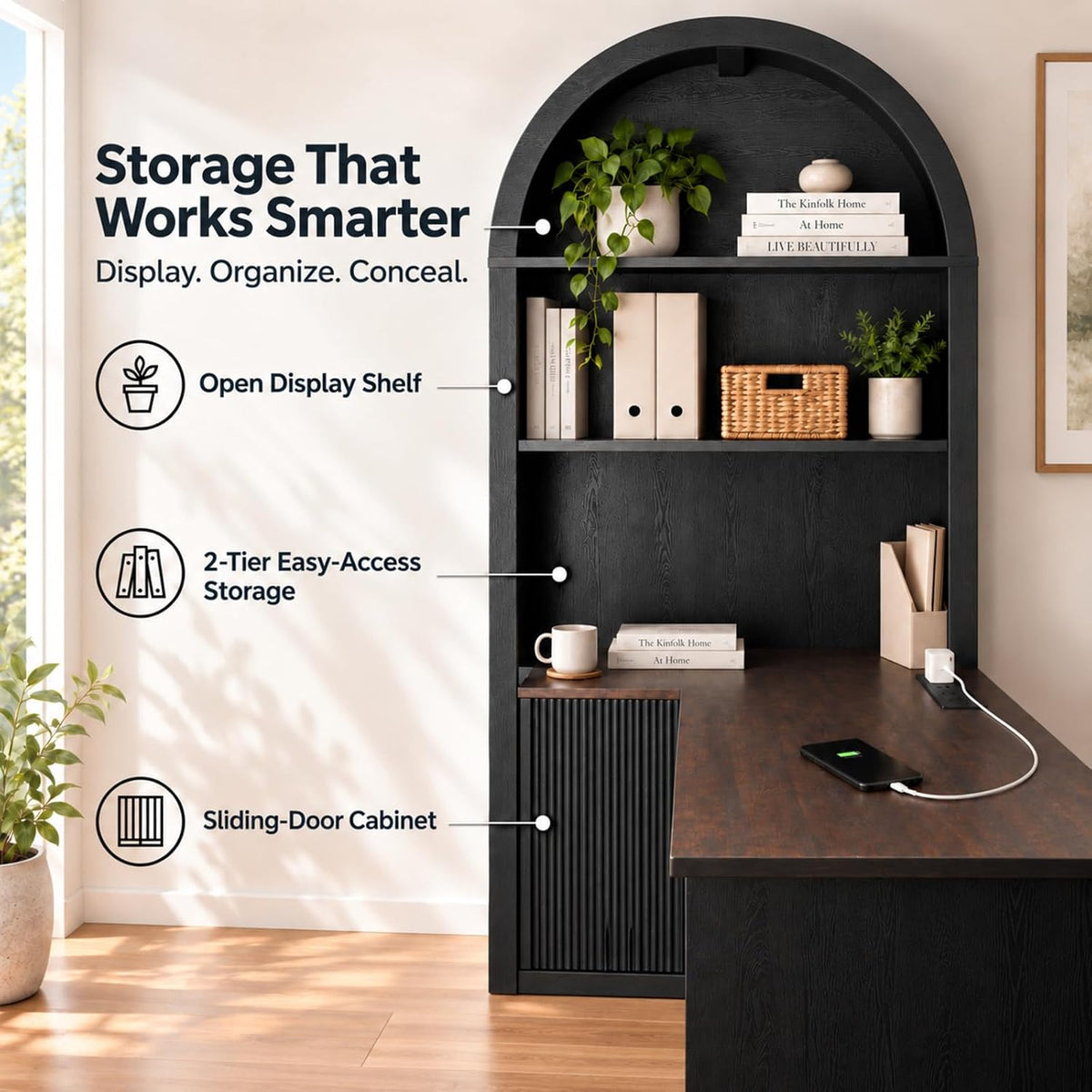 NORTHSKY 61" L Shaped Desk with Arched Bookshelf Hutch, Black Corner Com...