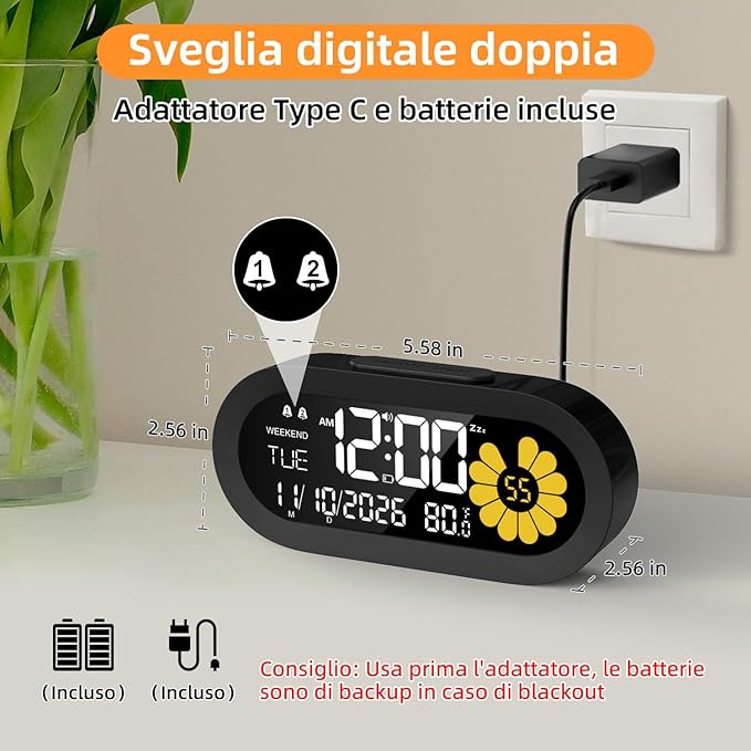 DOOMAY Digital Alarm Clock for Bedroom: Dual Alarm Bedside Clock VA LCD Display - Image 2