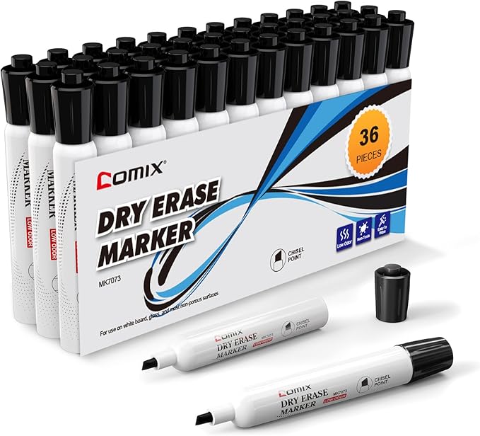 Comix Low Odor Dry Erase Markers Black, 36 Bulk Black Color Whiteboard Markers by Comix
