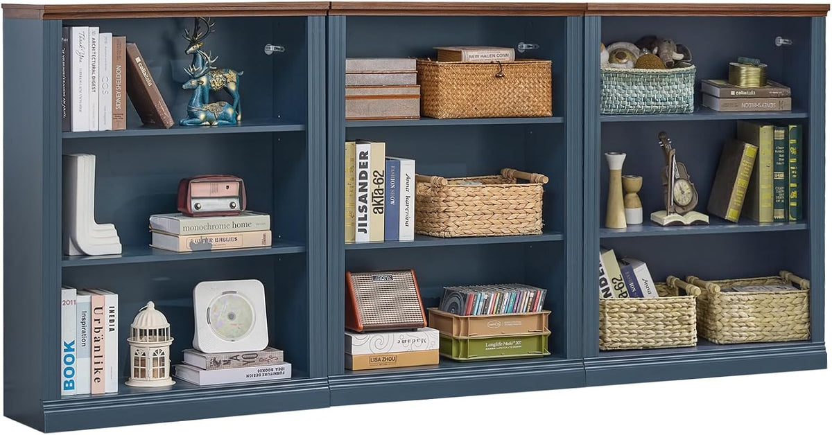 RWYHG 43" Blue Tall Bookshelf Set of 3, 3-Tier Thick Wooden Book Shelf