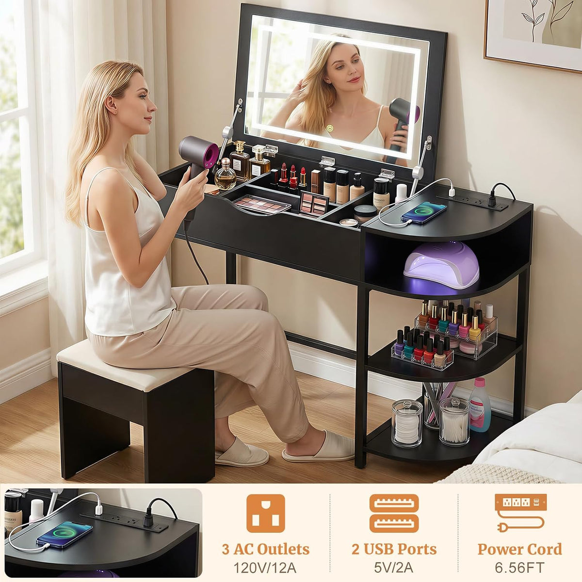 Cyclysio Vanity Desk with Flip Top Mirror and Lights, Black