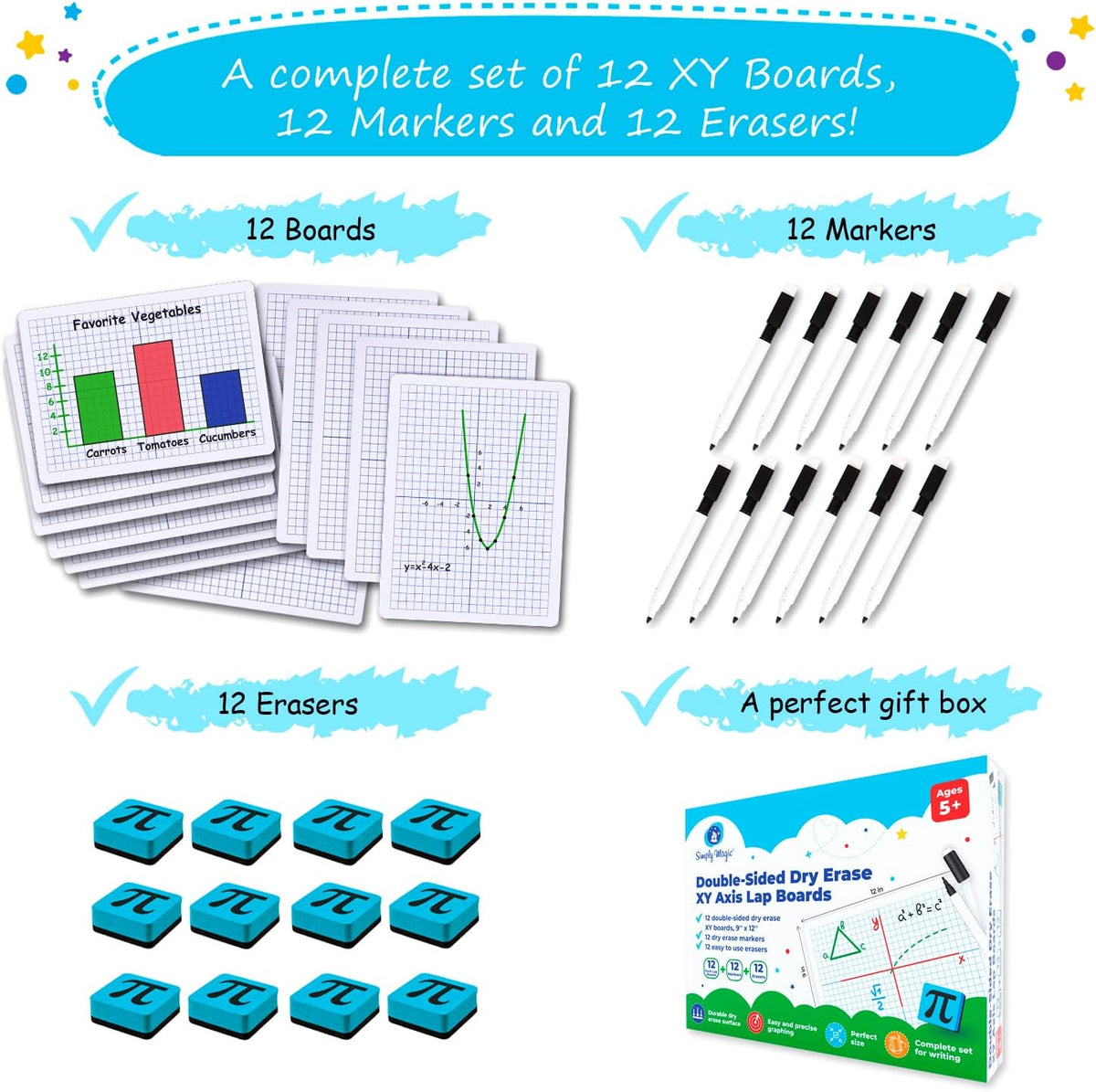 Simply Magic 12 Pack Double-Sided Dry Erase Graph Lap Boards - 12''x9...