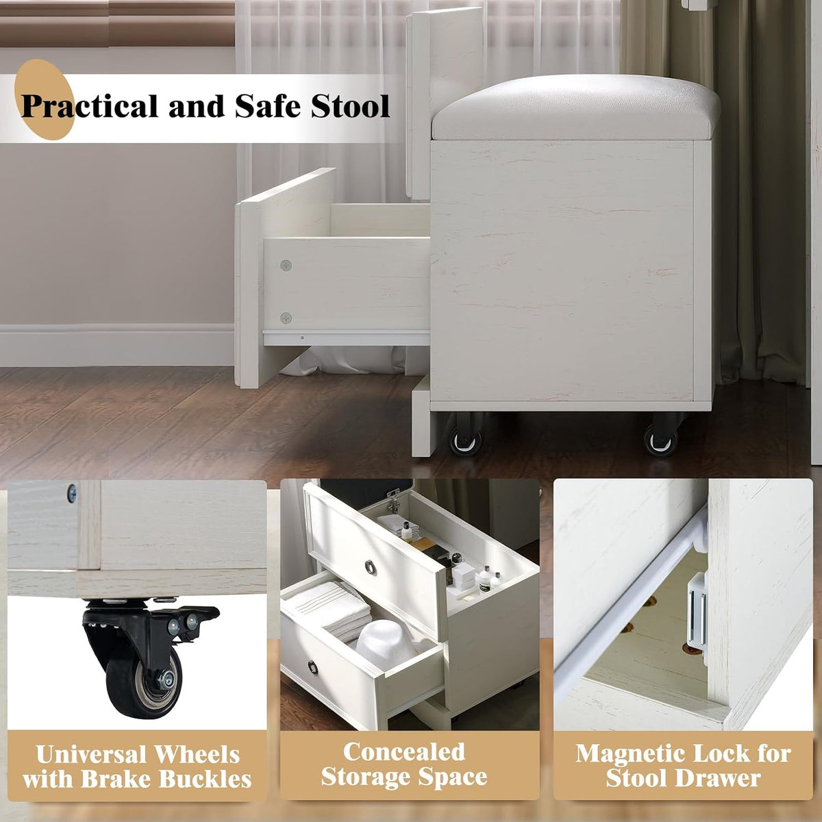 LUXOAK 3 in 1 Compact Makeup Vanity Desk with Hidden Chair & Mirror, White